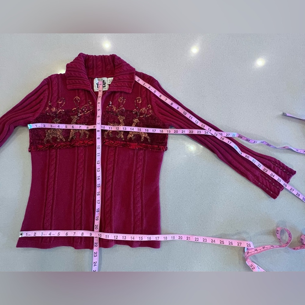 Vintage Storybook Knits Burgundy Sweater Sequin Deer Ribbon Zip up Sz Small - Picture 10 of 13